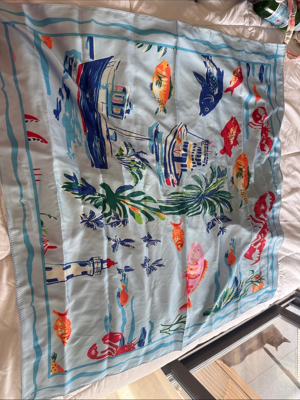 Light Blue Nautical Print Silk Scarf with Colorful Fish and Boats
